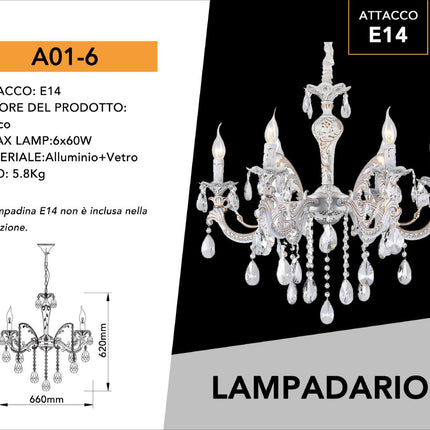 Lampadario da soffitto 6xE14 - Alluminio + Vetro, luce soffusa elegante enzoled