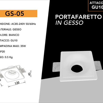 UNIVERSO PORTAFARETTO QUADRATO DA INCASSO IN GESSO VERNICIABILE PER LAMPADINE GU10 MR16 enzoled