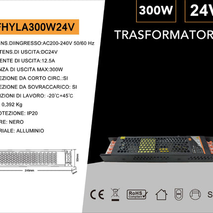 ALIMENTATORE SLIM METALLICO STABILIZZATO SWITCHING TRIMMER 220V-24V 12.5A 300 WATT COLORE NERO - enzoled