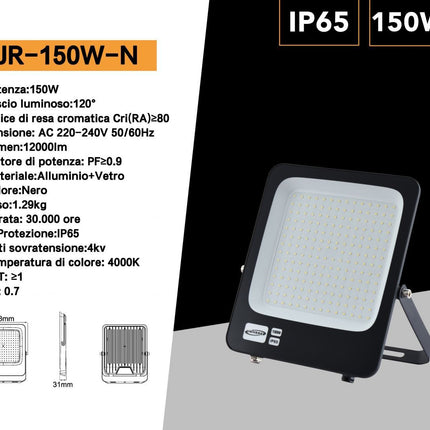 Faro led ultra slim 150 watt sottile proiettore per esterno ip65 staffa orientabile luce fredda 6500k calda 3000k naturale 4000k enzoled