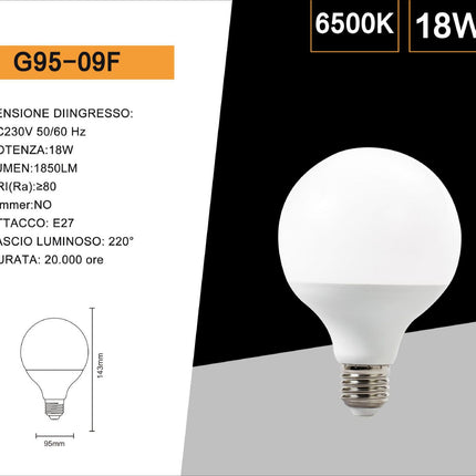 Lampadina led a sfera 18 watt attacco e27 lampada basso consumo G95 luce fredda 6500k calda 3000k naturale 4000k enzoled
