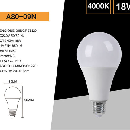 Lampadina a led 16,5 watt A80 attacco E27 sfera a luce fredda 6500k calda 3000k naturale 4000k enzoled