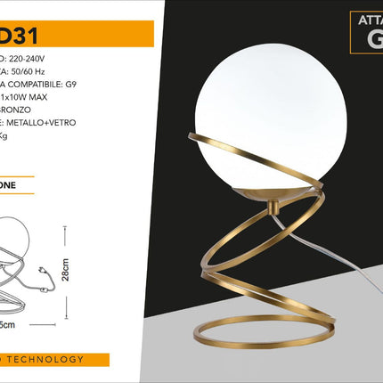 Lampada da tavolo minimalista lume in metallo bronzo con una sfera in vetro per camera da letto G9 enzoled