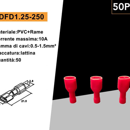 50 Terminali Capicorda Femmina Isolati FDFD1.25-250 Rossi per Cavi 0.5-1.5mm² – Connettori Elettrici enzoled