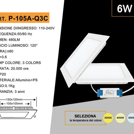 Pannello led incasso quadrato slim plafoniera 3 6 12 18 24 watt cct tre colorazione di luce fredda calda naturale selezionabile enzoled