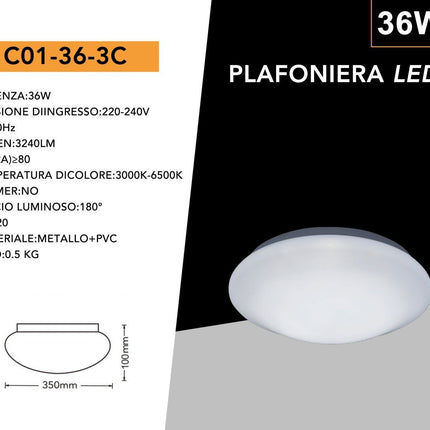Plafoniera da soffitto tonda con scocca liscia da 18 24 e 36 watt con tecnologia CCT tre colorazione di luce con switch enzoled