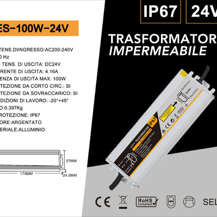 ALIMENTATORE METALLICO STABILIZZATO SWITCHING IMPERMEABILE IP67 220V-24V 4.16A 100 WATT - enzoled