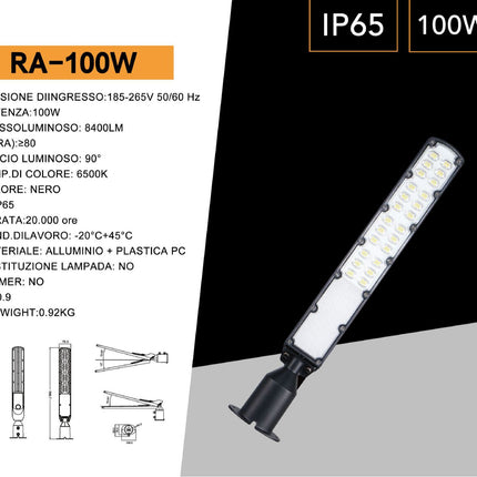 Faro lampione stradale ultra slim a led 100 watt inclinabile 90° a luce fredda 6500k IP65 enzoled