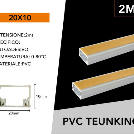 10 PEZZI CANALINA PASSACAVI CON BIADESIVO IN PVC DI COLORE BIANCO LUNGHEZZA 2 METRI 20X10MM - enzoled