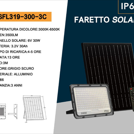 Faro led 300 watt con pannello solare sensore crepuscolare tecnologia CCT 3 colorazioni di luce con telecomando IP66 enzoled