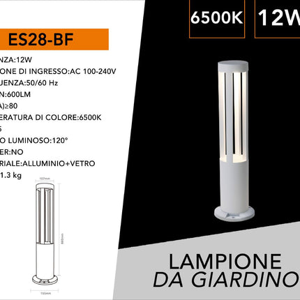 Lampione da giardino bianco lampada da terra per esterno con led cob 12 watt ip65 lampioncino per vialetti per giardino terrazzo enzoled