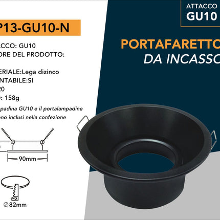 Supporto Faretto a imbuto Circolare - Colore Nero, Misura 82mm, Materiale Lega di Zinco enzoled