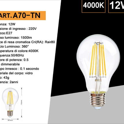 Lampadina led a filamento 12 watt attacco e27 globo a70 sfera a luce bianca 6500k calda 3000k naturale 4000k 1500 lumen enzoled