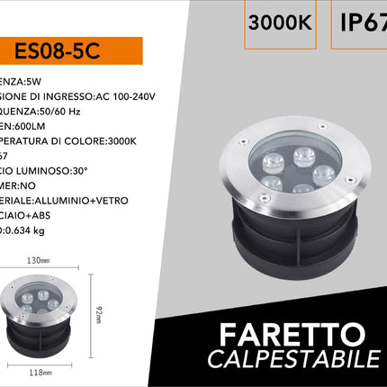 Faretto ad incasso calpestabile 5 led 5 watt segnapasso carrabile luce bianca 6500k calda 3000k da esterno IP67 enzoled
