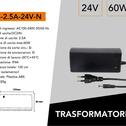 Alimentatore universale 24V 2.5A 60 watt input 110-240V per telecamere videosorveglianza led enzoled