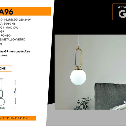 LAMPADARIO A SOSPENSIONE DA SOFFITTO OVALE IN BRONZO E SFERA IN VETRO ATTACCO PER LAMPADINA G9 enzoled