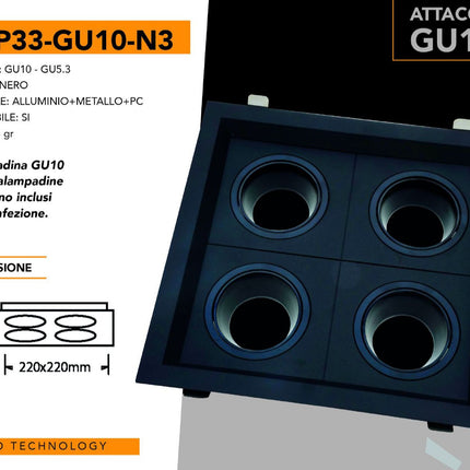 Supporto Portafaretto Recesso Nero 4XGU10 in Alluminio+Metallo+PC per Lampade LED enzoled
