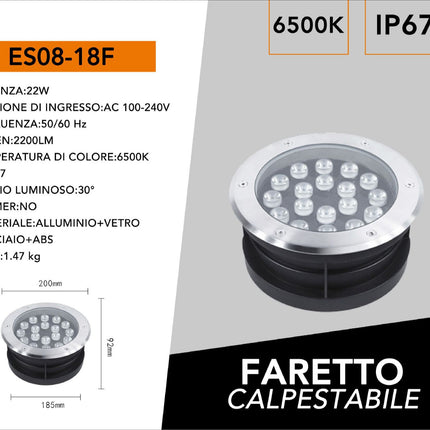 Luce da terra 18W 6500K IP67 - corpo in alluminio, vetro, acciaio e ABS, luce fredda per esterni enzoled