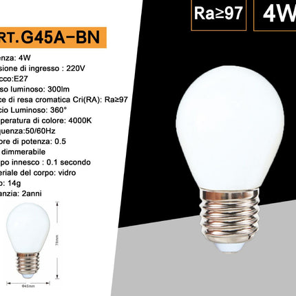 Lampadina a led filamento opaca 4 watt g45 attacco e27 sfera a luce fredda 6500k calda 2700k naturale 4000k enzoled