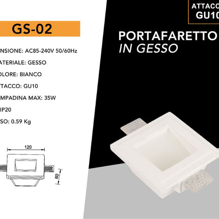 Supporto Portafaretto in Gesso Quadrato Incassato Copertura Vetro Opaco per GU10/MR16 - Bianco enzoled