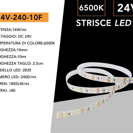 Striscia strip 240 led per metro 2835 24V bobina 10 metri 160 watt illuminazione per interni luce fredda calda naturale enzoled