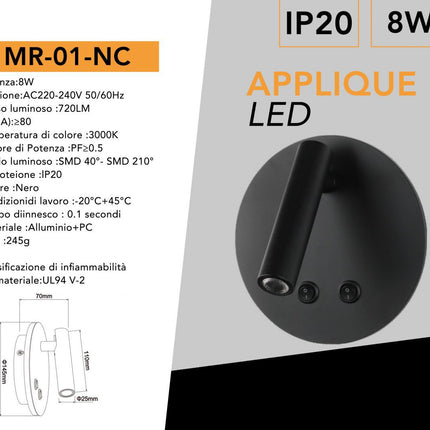 Applique orientabile da parete comodino doppia fonte luminosa 8 watt lampada da letto moderna luce calda 3000k enzoled