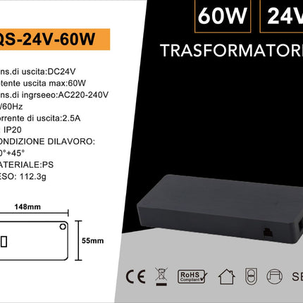 Alimentatore per mobili 24V 60W - Trasformatore per luci da cucina e armadi | Materiale PS (Polistirene) resistente e sicuro enzoled