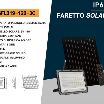 Faro led 120 watt con pannello solare sensore crepuscolare tecnologia CCT 3 colorazioni di luce con telecomando IP66 enzoled