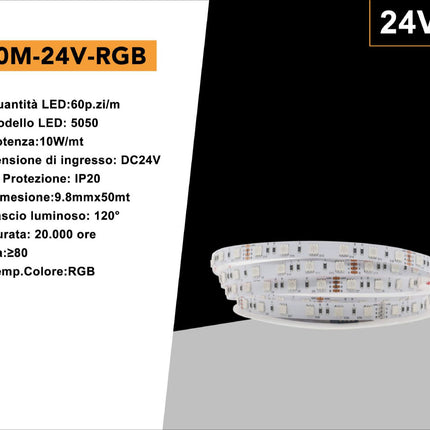 Striscia LED RGB 24V 50 metri - 500W, 60 LED/m (SMD 5050) | Bobina Universo 50M-24V-RGB | Flessibile per interni/esterni enzoled