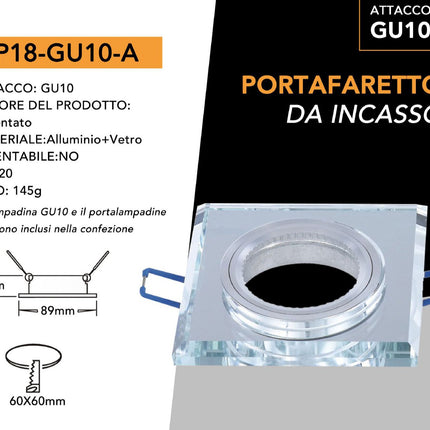 Supporto GU10 Cristallo Lucido Argento 60mm in Alluminio+Vetro per Lampade LED enzoled