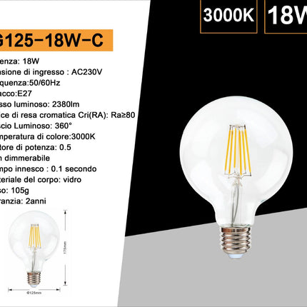 Lampadina led cob a filamento 18 watt attacco E27 sfera in vetro lampada vintage enzoled
