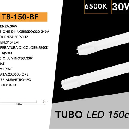 Tubo LED T8 30W 6500K - 3100 Lumen in vetro e policarbonato | Luce bianca fredda ad alta luminosità enzoled