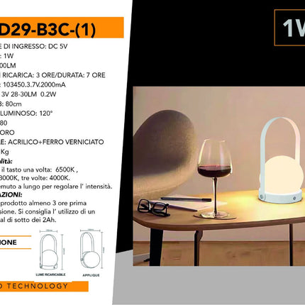 Lampada a led da tavolo ricaricabile portatile lume da comodino tre colorazione di luce calda fredda e naturale enzoled