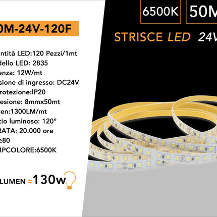 Strisce LED 24V 6500K (bianco freddo) - 50m 120 LED/m, PVC nudo - Fascia continua professionale enzoled