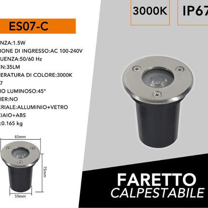 Faretto incasso segnapasso 1 led 1,5 watt calpestabile luce  da esterno vialetto illuminazione esterni IP65 fredda 6500k calda 3000k naturale 4000k enzoled