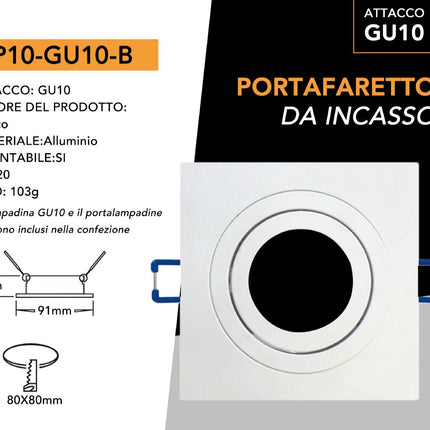 Supporto GU10 Quadro Bianco 80mm in Alluminio per Lampade LED enzoled