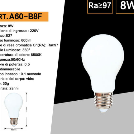 Lampadina a led filamento opaca 8 watt attacco e27 A60 a luce fredda 6500k calda 2700k naturale 4000K enzoled