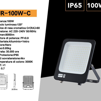 Faro led ultra slim 100 watt sottile proiettore per esterno ip65 staffa orientabile luce fredda 6500k calda 3000k naturale 4000k enzoled