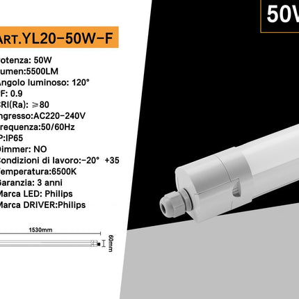 lafoniera neon per esterno a led lampada tubo da soffitto 50 watt 150 cm impermeabile IP65 luce fredda 6500k enzoled