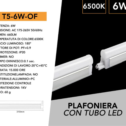 Tubo Neon Led Smd T5 Plafoniera Raccordabile 30 cm 6 watt reglette per mobili mensole ripiani luce fredda 6500k calda 3000k naturale 4000k enzoled