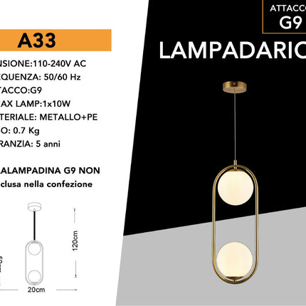 Lampadario sospensione ovale bronzo con due sfere in vetro lampada contemporanea attacco G9 enzoled