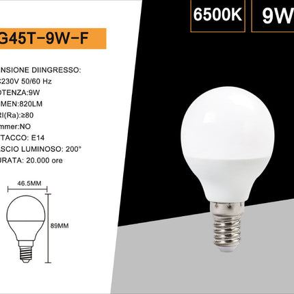 Lampadina led a globo G45 attacco E14 9 watt lampada luce fredda 6500k calda 3000k naturale 4000k enzoled