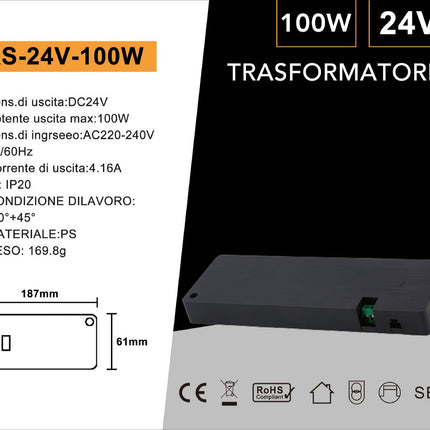 Alimentatore per mobili 24V 100W - Trasformatore ad alta potenza per luci da cucina | Materiale PS (Polistirene) resistente enzoled