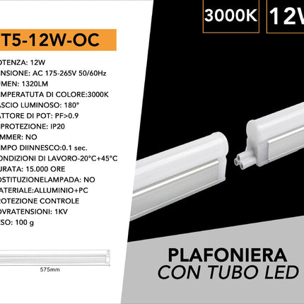 Tubo Neon Led Smd T5 Plafoniera Raccordabile 60 cm 12 watt reglette per mobili mensole ripiani luce fredda 6500k calda 3000k naturale 4000k enzoled