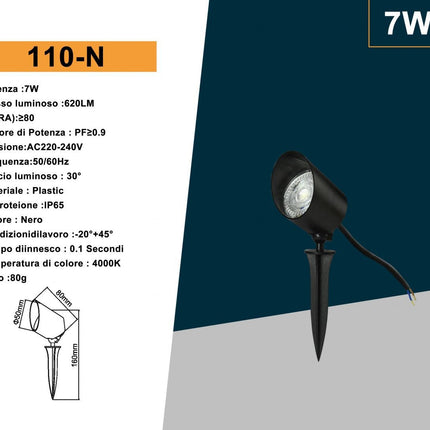 Faretto led 7 watt con snodo doppia istallazione con picchetto e staffa lampada per esterno segnapassi da giardino terrazzo impermeabile IP65 enzoled
