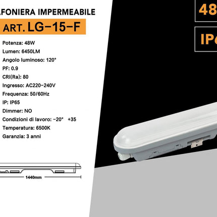Plafoniera a led per esterno lampada neon tubo da soffitto 48 watt 150 cm impermeabile IP65 luce fredda enzoled