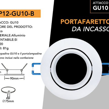 Supporto GU10 in Alluminio Bianco 75mm Tondeggiante per Lampade LED enzoled