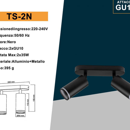 Supporto Faretto 2XGU10 in Alluminio+Metallo - Colore Nero, Design Compatto per Illuminazione Murale enzoled