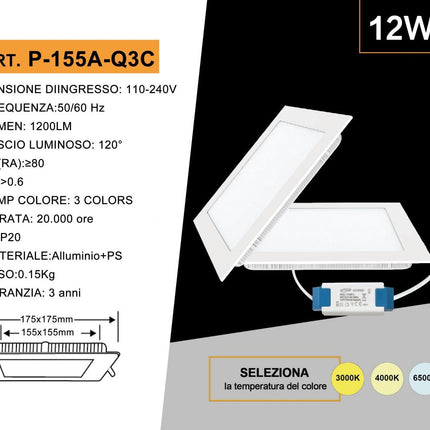 Pannello led incasso quadrato slim plafoniera 3 6 12 18 24 watt cct tre colorazione di luce fredda calda naturale selezionabile enzoled