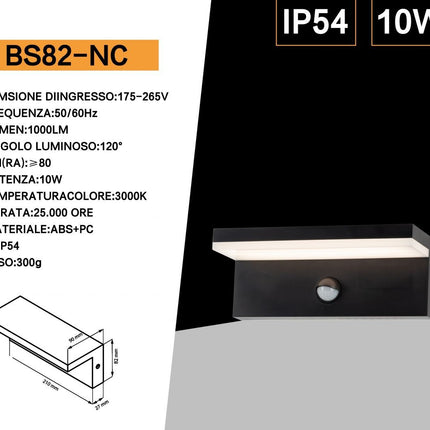 Applique per esterno da muro 10 watt con sensore PIR di movimento lampada da parete per giardino facciata terrazzo IP54 enzoled